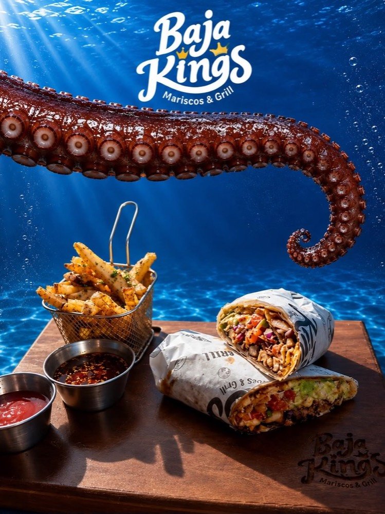 Burrito de pulpo enchilado partido a la mitad con papas sazonadas y salsas, bajo un tentáculo de pulpo