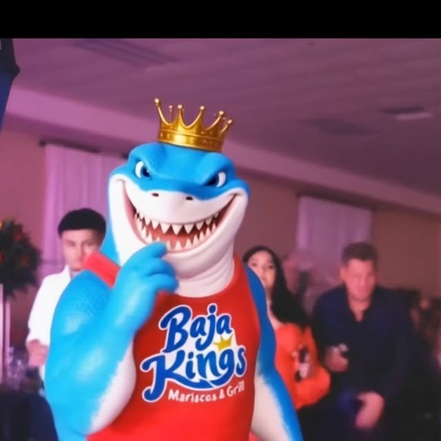 Goji, el tiburón con corona mascota de Baja Kings, bailando